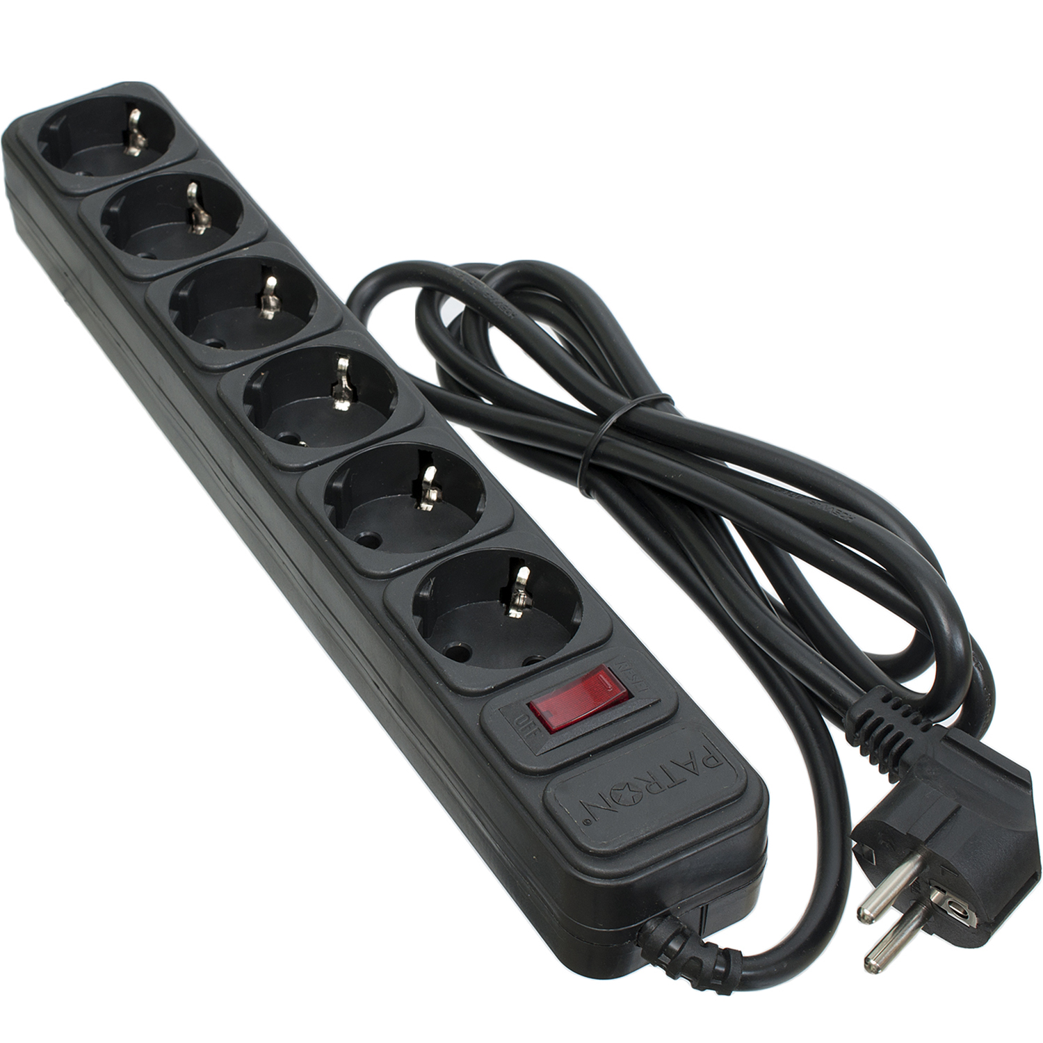 Фільтр мережевий 6 розеток, 1,8 м, чорний, 3*1,5мм2 Patron (SP-1662)